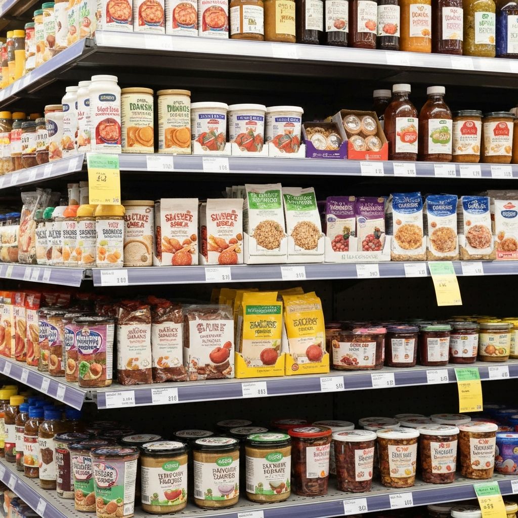 Food products on supermarket shelf with nutrition labels