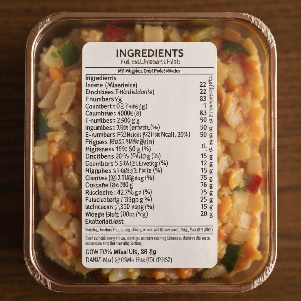 Ingredients list on ready meal packaging
